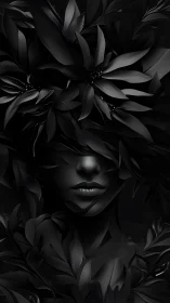 Monochrome female visage emerging from sculpted black foliage