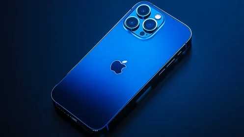 Blue iPhone 13 Pro smartphone photographed at angle against dark background.