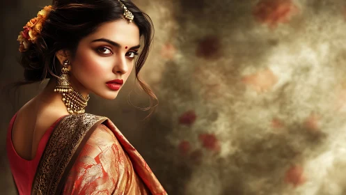 Regal Indian portrait in ornate sari and soft bokeh haze.
