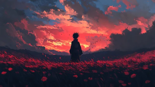 Lone anime wanderer beneath a blazing crimson sunset sky.