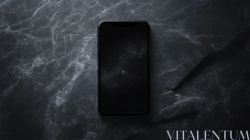 Black smartphone rests on dark marble, screen like night sky.