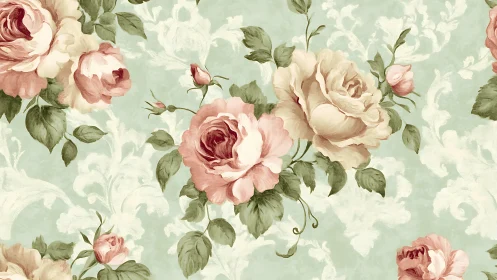Vintage roses bloom across soft mint damask wallpaper pattern.