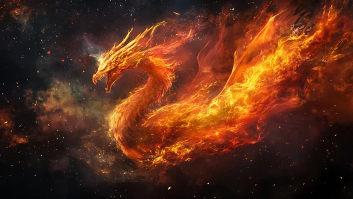 Fiery phoenix dragon curves across dark cosmic void