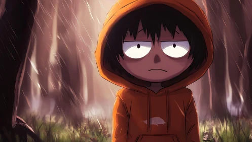 Moody cartoon kid in orange hoodie standing in rainy forest.