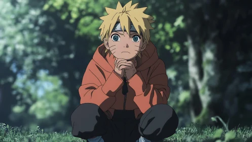 Blond anime boy in orange hoodie seated in forest clearing.