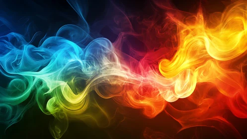 Multicolored abstract smoke waves on dark gradient background.