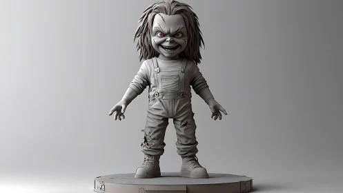 Sinister doll statuette grins on muted gray pedestal stage.