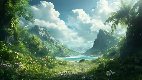 Emerald cliffs cradle a secret lagoon beneath wandering clouds