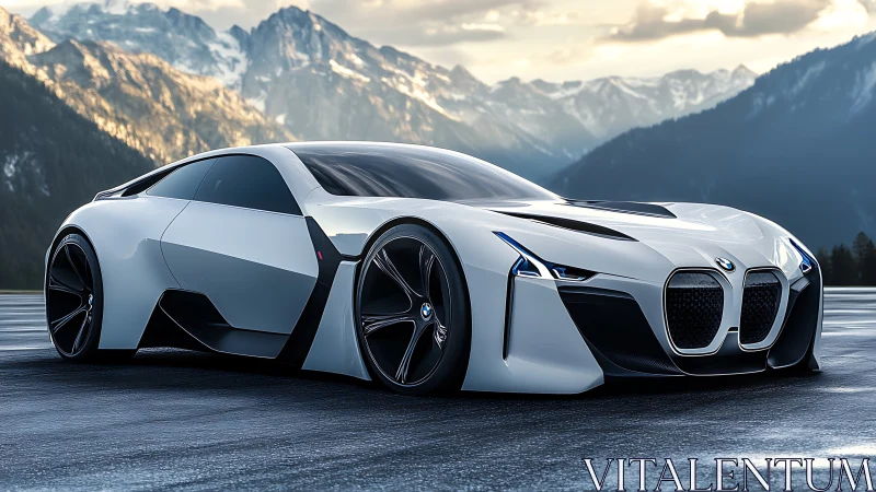 Futuristic white sports coupe on icy mountain plateau.