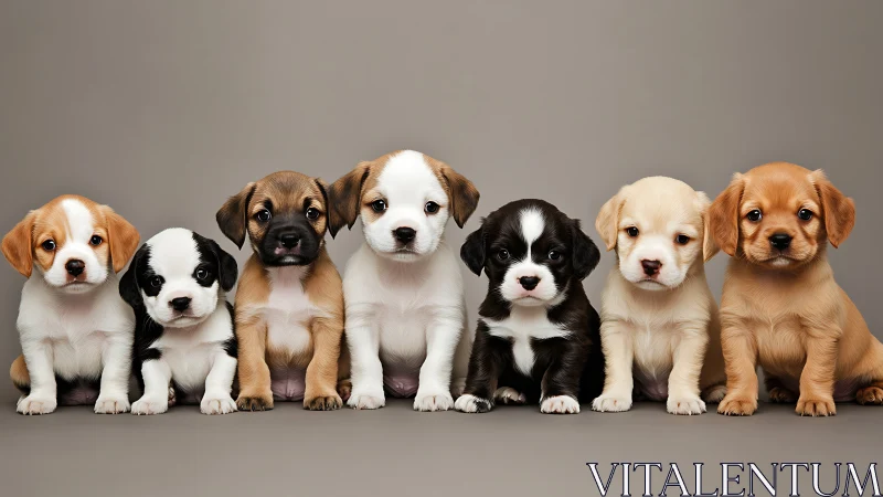 Row of multicolored puppies on neutral studio backdrop.