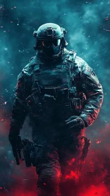 Armored tactical operator advancing through colored smoke.