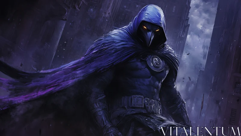 Midnight crow guardian perched above the stormy city.