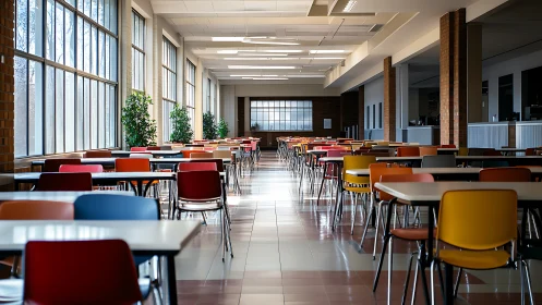 Sunlit school cafeteria with colorful chairs at rest.
