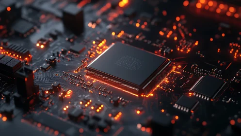 Close-up integrated circuit board with glowing chipset.