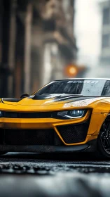 Rain kissed street racer prowls through the urban haze.