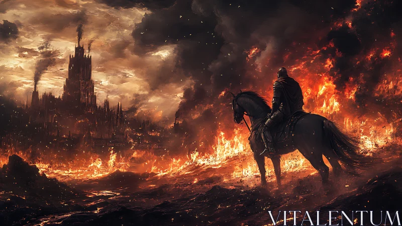 Digital painting of armored rider before burning citadel.