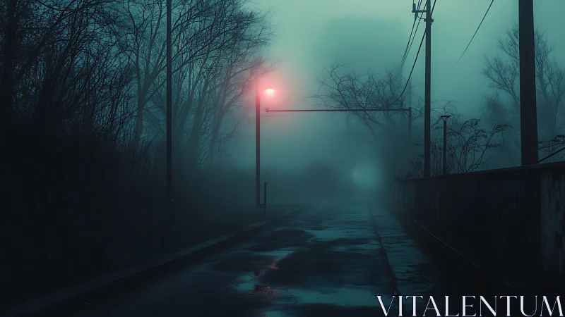 Foggy urban street glows under solitary red signal light.