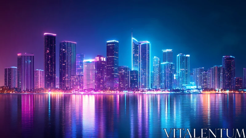 Neon lit futuristic city skyline reflected on calm water.
