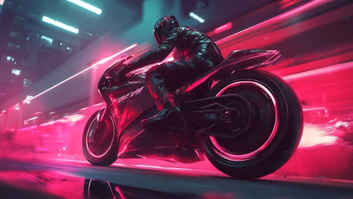 Cyberpunk rider speeds through neon city nightscape.
