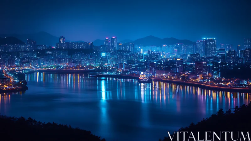 Neon-lit riverside metropolis renders layered nocturnal skyline