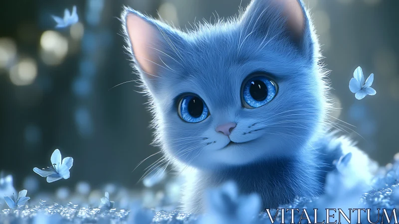 Blue Cat with Striking Eyes Among Delicate Flowers and Snow