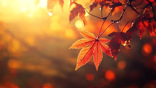 Sunlit maple leaf glows against soft golden autumn bokeh