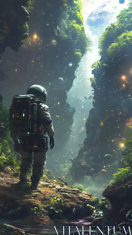 Astronaut explores bioluminescent alien canyon under distant planet.