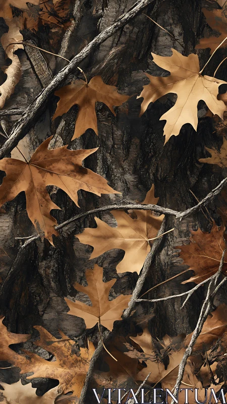 Dry oak leaves scattered on rugged dark tree bark pattern.