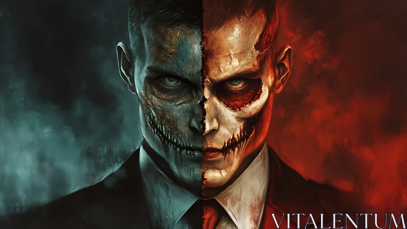 Dual-toned skull-faced man splits light and darkness.