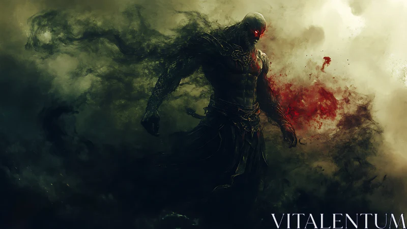 Dark humanoid figure emerging from swirling smoke field.