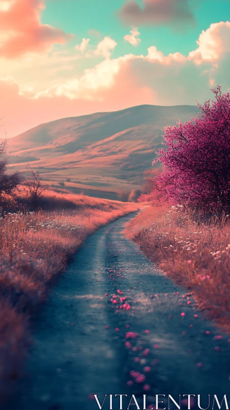 Curving rural path extends toward distant hills and sky
