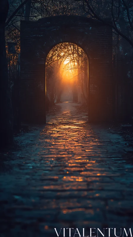 Sunfire doorway ignites a cobblestone path through dusk.