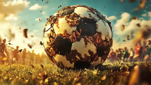 Mud-covered soccer ball on grassy field with blurred players.