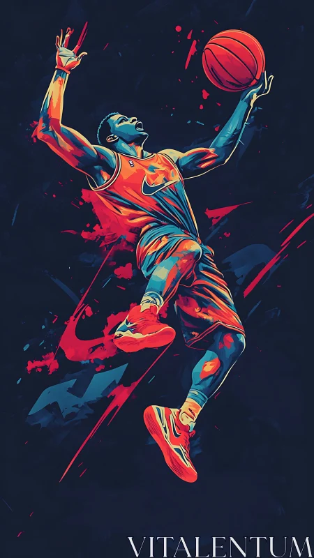 Electric jump shot in neon-duotone basketball artwork.
