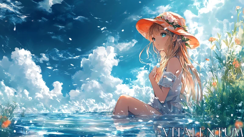 Sunlit anime girl rests in sparkling summer waters