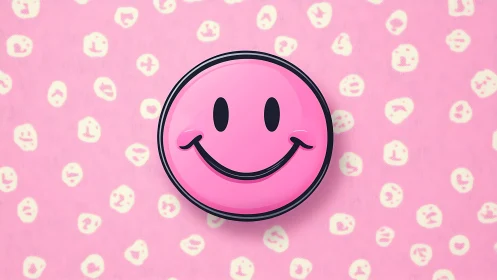Bubblegum pink smiley badge on playful patterned field.