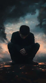 Solitary figure squats against turbulent, clouded backdrop