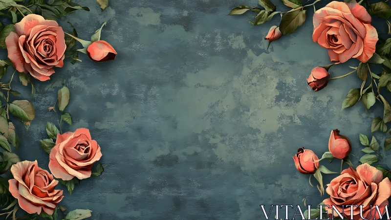 Coral roses arranged on weathered blue surface.