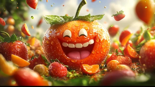 3D citrus character tableau with dynamic fruity splash lighting.