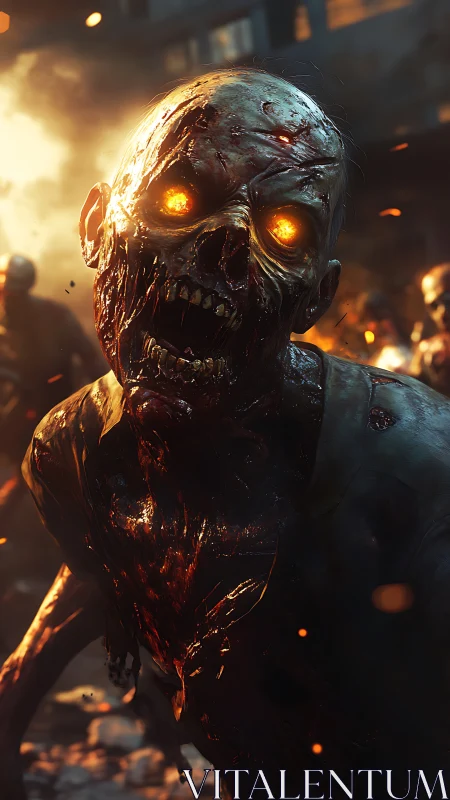 Flaming-eyed zombie lunges through burning city street.