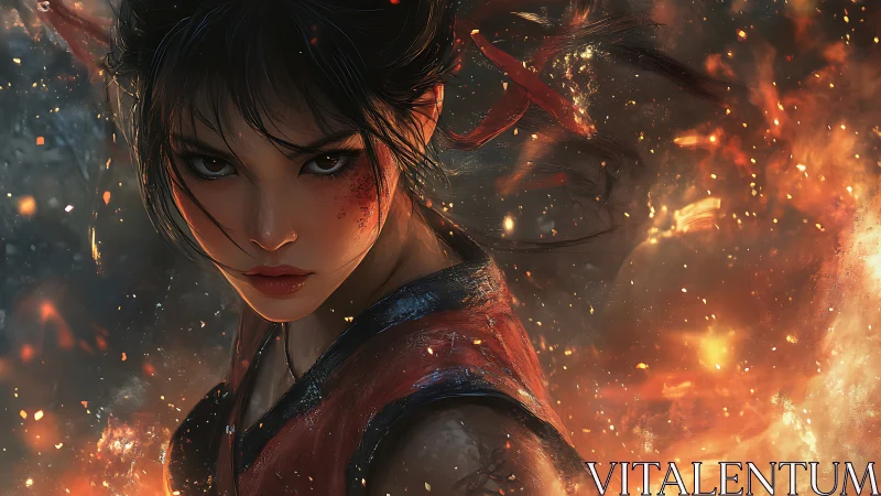 Blade-hearted warrior in emberstorm fury, eyes of resolve.