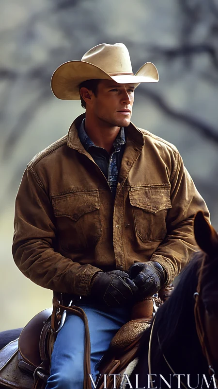 Cowboy in brown jacket on horseback against blurred backdrop.