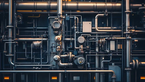 Industrial pipe network with warm cinematic rim lighting.