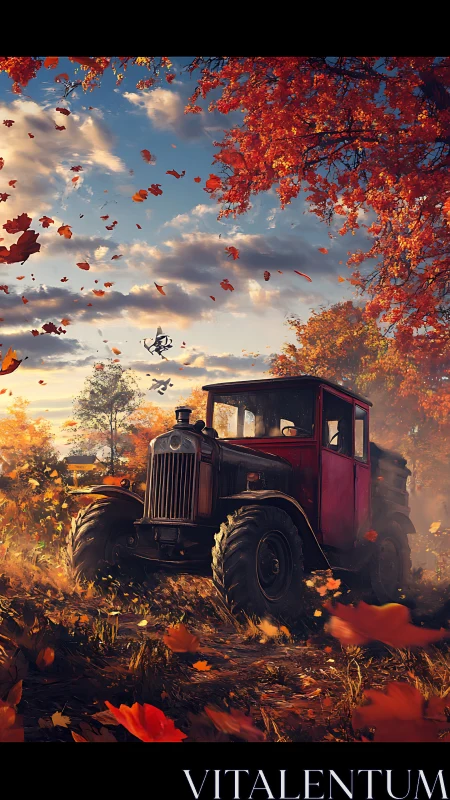 Rustic red truck resting under swirling autumn leaves.