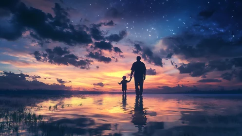 Gentle evening sky cradles a parent and child in reflection