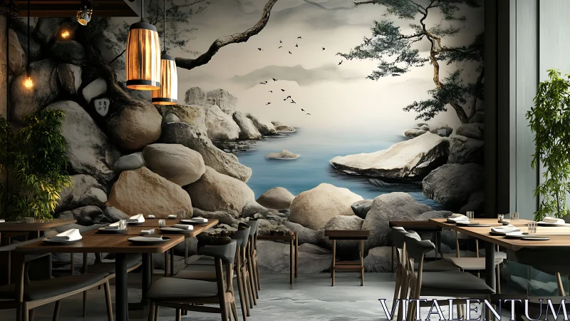 Lakeside mural enriches serene contemporary dining space.
