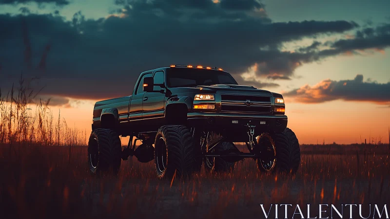 Lifted off-road truck stands bold against a fiery sunset sky