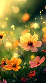 Bokeh-Lit Cosmos Flowers: Yellow and Pink Petaled Cultivars in Selective Focus