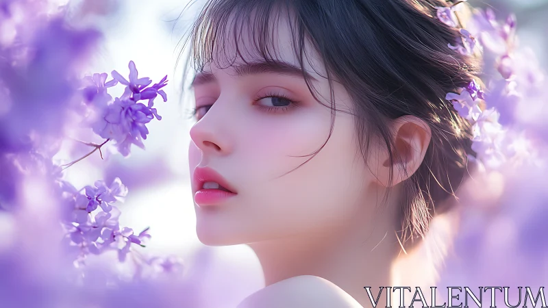 Digital portrait of young woman among soft lilac flowers.