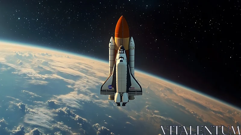 Soaring space shuttle glides above Earth in quiet orbit